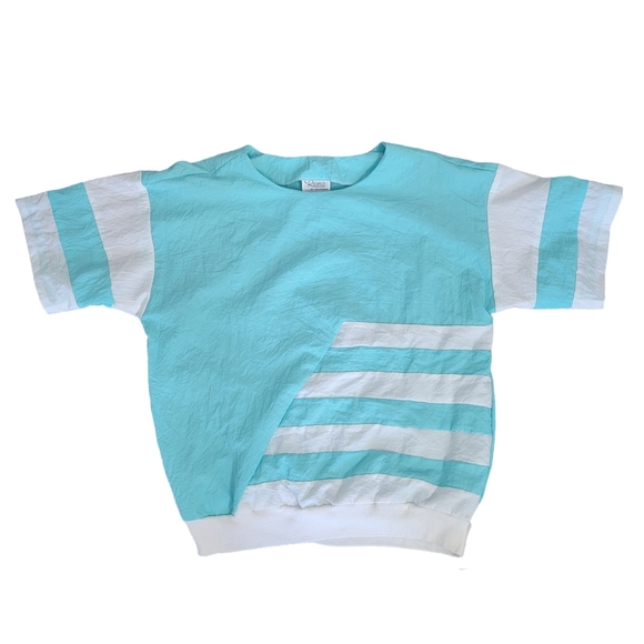 Vintage 80's teal and white 2 piece summer outfit size medium - Picture 2 of 9